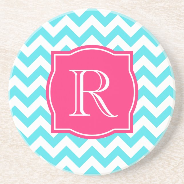 Zigzag Turquoise and Pink Custom Monogram Coaster (Front)