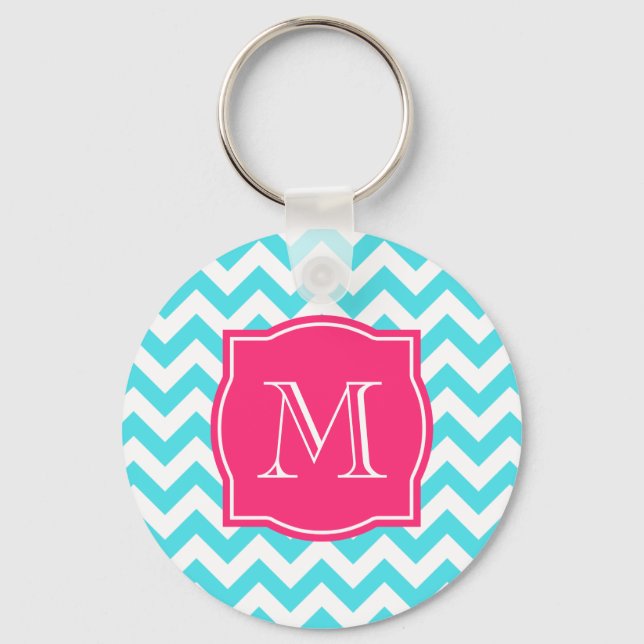 Zigzag Turquoise and Pink Custom Monogram Key Ring (Front)