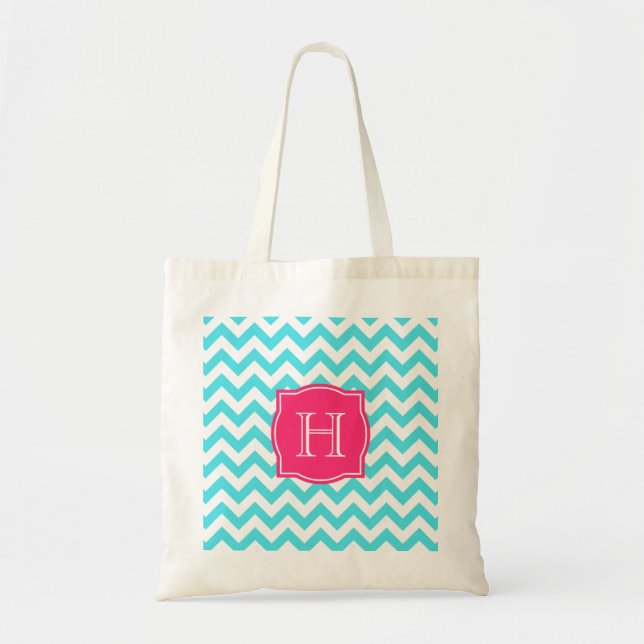 Zigzag Turquoise and Pink Custom Monogram Tote Bag (Front)