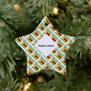Zimbabwe and Zimbabwean Flag Tiled with Name Star Ceramic Tree Decoration