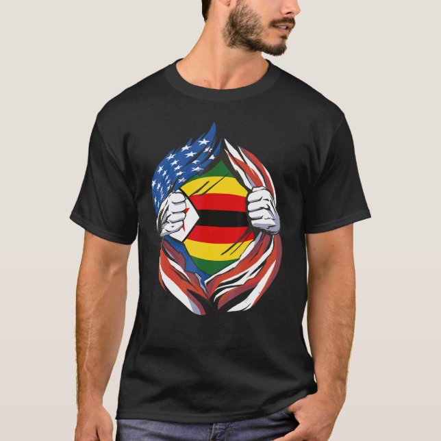Zimbabwe Flag American Proud of My Zimbabwean Heri T-Shirt (Front)