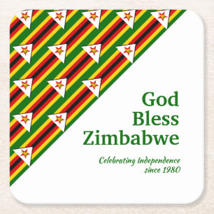 ZIMBABWE FLAG with Customisable Text GOD BLESS Square Paper Coaster