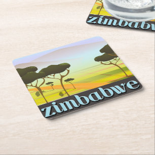 Zimbabwe landscape travel poster square paper coaster