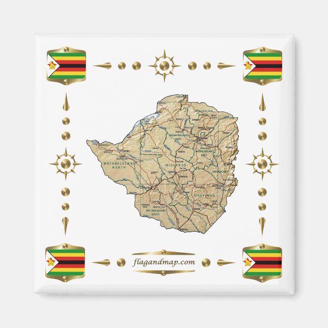 Zimbabwe Map + Flags Magnet (Front)