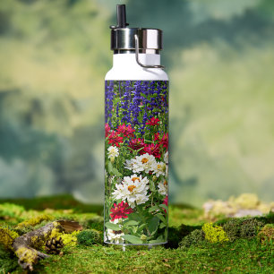 Zinnia and Blue Salvia Garden Floral Water Bottle