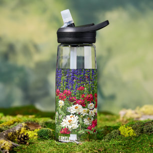 Zinnia and Blue Salvia Garden Floral Water Bottle