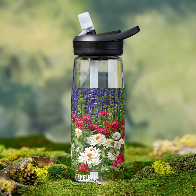 Zinnia and Blue Salvia Garden Floral Water Bottle (Outdoor)