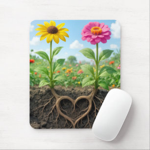 Zinnia and Daisy Flowers with Heart-shaped Roots Mouse Mat
