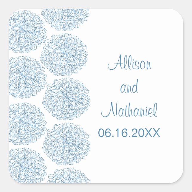 Zinnia Border Wedding Stickers, Blue Square Sticker (Front)