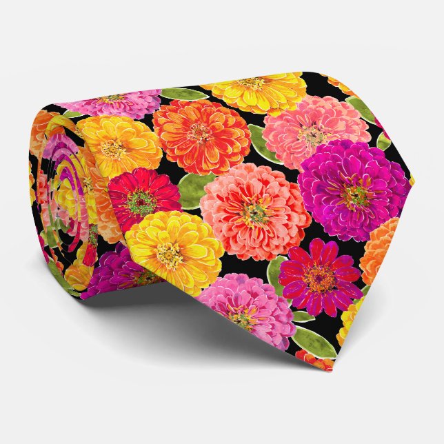 Zinnia Floral Bright Pink Orange Yellow Pattern Tie (Rolled)
