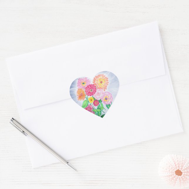 Zinnia Flower Artistic Garden Art Heart Sticker (Envelope)