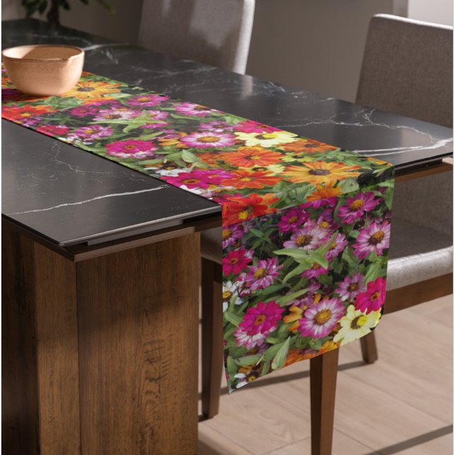 Zinnia Flower Garden Floral Short Table Runner (In Situ)