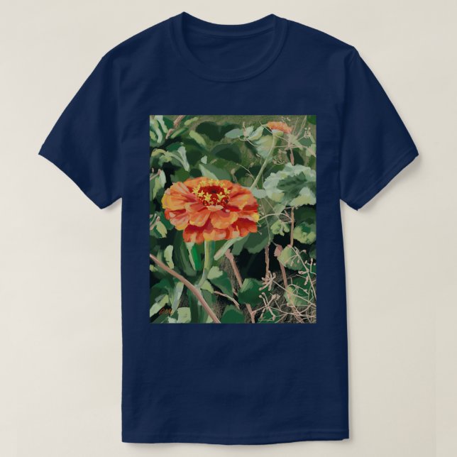Zinnia Flower Growing in Dense Weeds T-Shirt (Design Front)