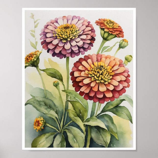 Zinnia Flowers Handmade Water Colour Wall Poster (Front)