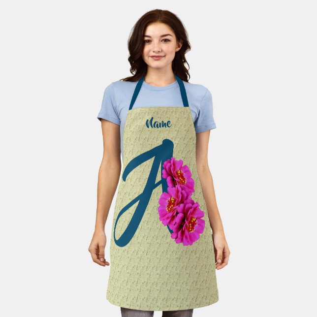Zinnia Flowers Monogram Initial A Personalised Apron (Worn)