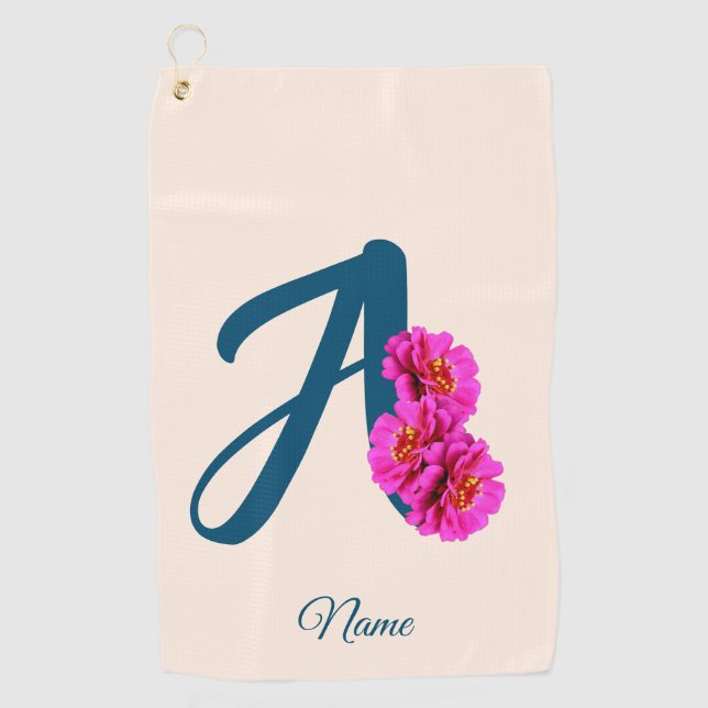 Zinnia Flowers Monogram Initial A Personalised Golf Towel (Front)