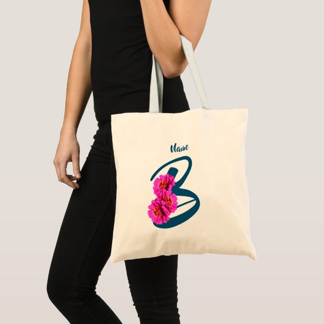 Zinnia Flowers Monogram Initial B Name Tote Bag (Front (Product))