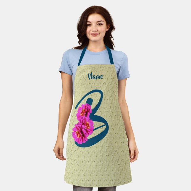 Zinnia Flowers Monogram Initial B Personalised Apron (Worn)