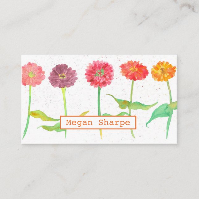 Zinnia Flowers Watercolor Plants Orange Business Card (Front)