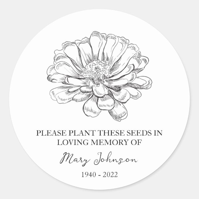 Zinnia Memorial Funeral Seed Packet Classic Round Sticker (Front)