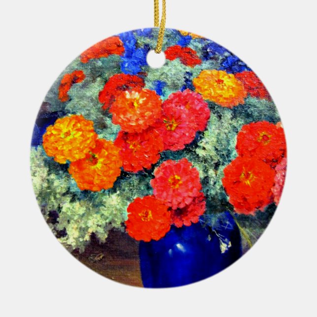 Zinnias, brightly coloured and beautiful ceramic tree decoration (Front)