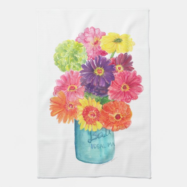Zinnias in Blue Canning Jar Kitchen Towel (Vertical)