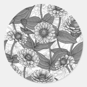 Zinnias, monochome on white classic round sticker