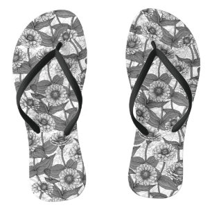 Zinnias, monochome on white flip flops