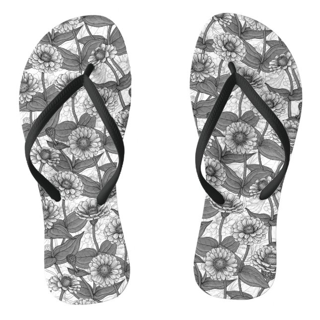 Zinnias, monochome on white flip flops (Footbed)