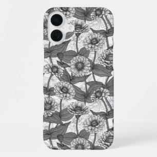 Zinnias, monochome on white iPhone 16 plus case