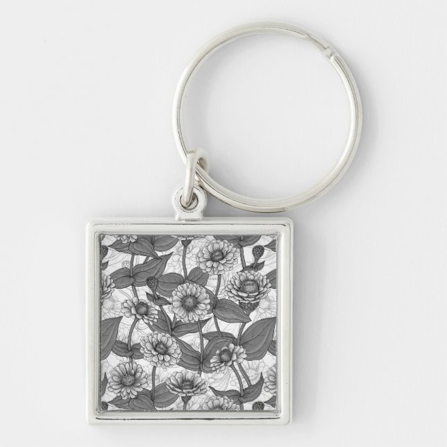 Zinnias, monochome on white key ring (Front)
