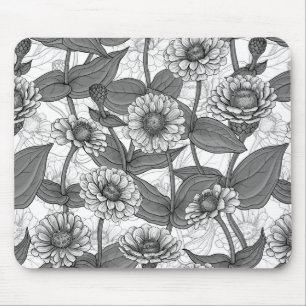 Zinnias, monochome on white mouse mat