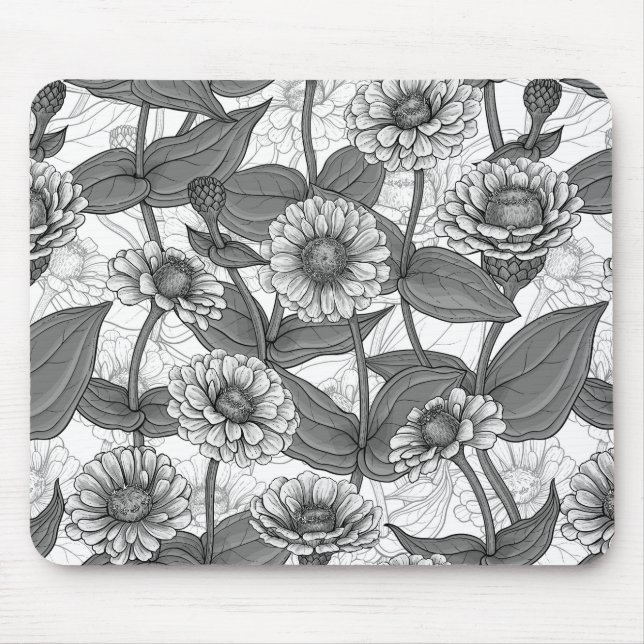 Zinnias, monochome on white mouse mat (Front)