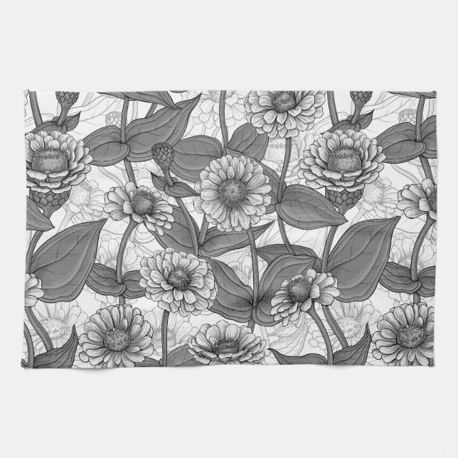 Zinnias, monochome on white tea towel (Horizontal)
