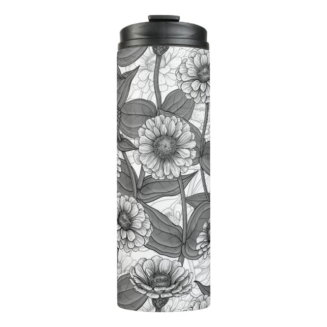 Zinnias, monochome on white thermal tumbler (Front)