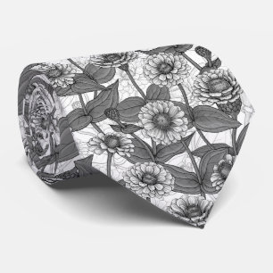 Zinnias, monochome on white tie