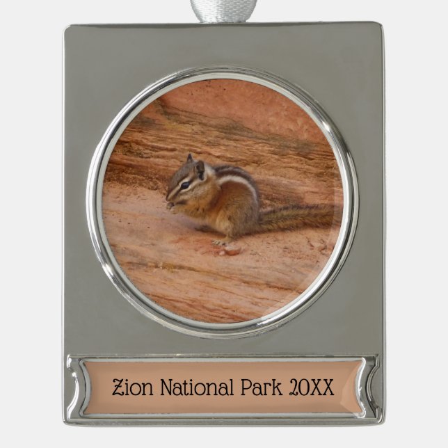 Zion Chipmunk on Red Rocks Silver Plated Banner Ornament (Front)