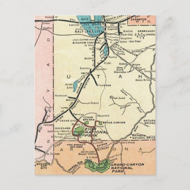 Zion - Grand Canyon Vintage Map  Postcard (Front)