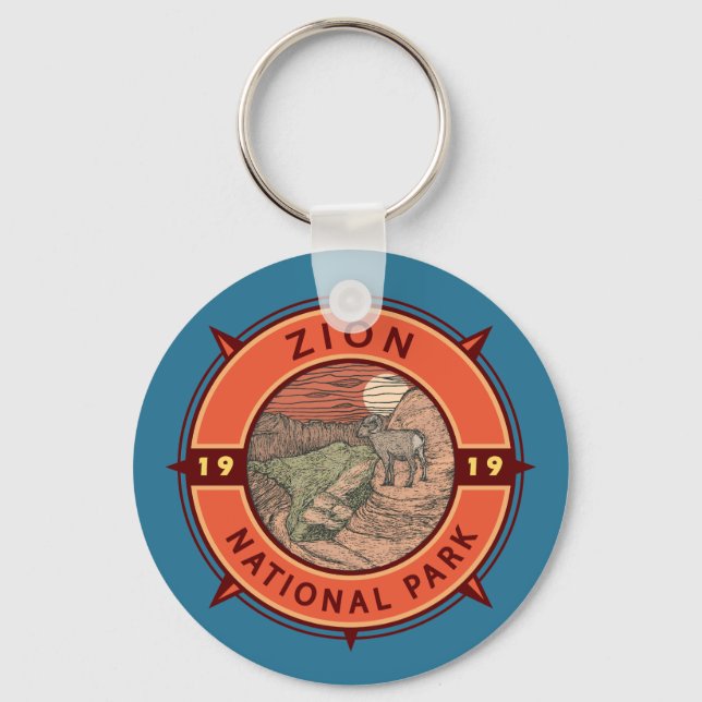 Zion National Park Bighorn Sheep Retro Compass Key Ring (Front)