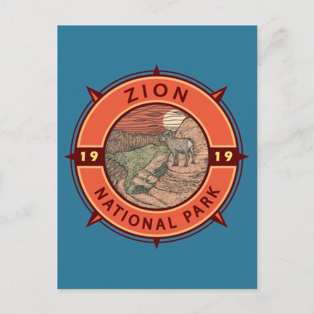 Zion National Park Bighorn Sheep Retro Compass Postcard (Front)
