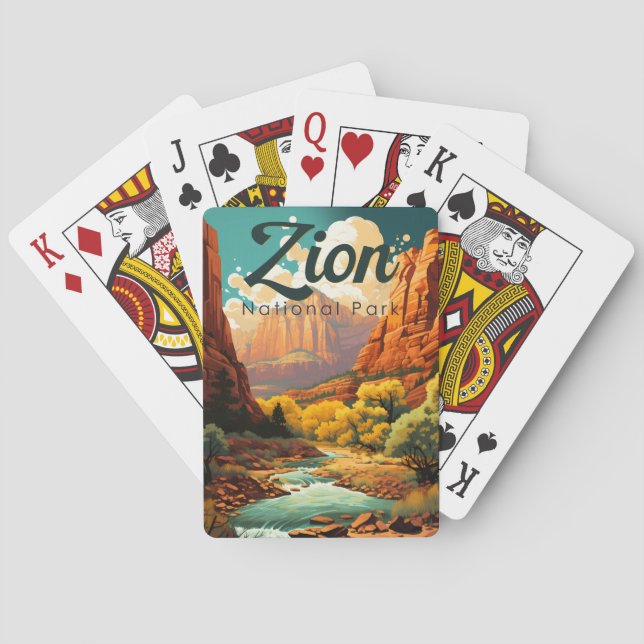 Zion National Park Illustration Retro Playing Cards (Back)