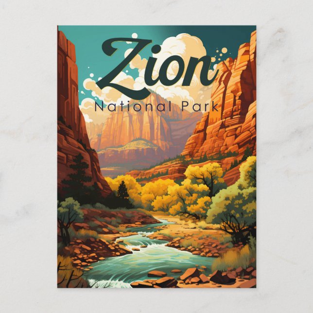 Zion National Park Illustration Retro Postcard (Front)