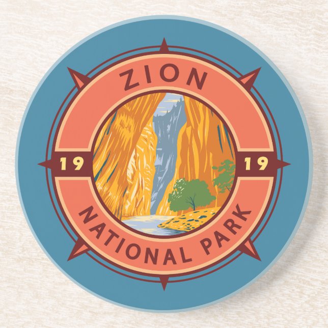 Zion National Park Retro Compass Emblem Coaster (Front)