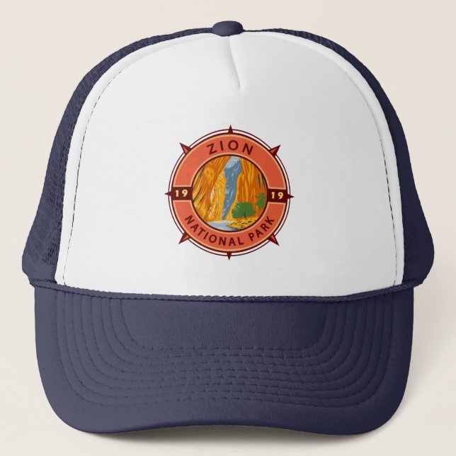 Zion National Park Retro Compass Emblem Trucker Hat (Front)