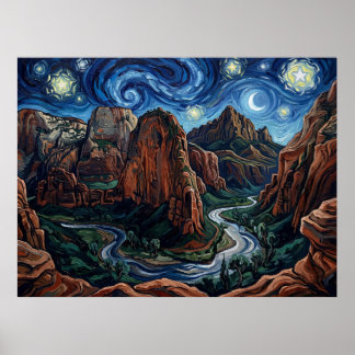 Zion National Park Starry Night Canyon Poster