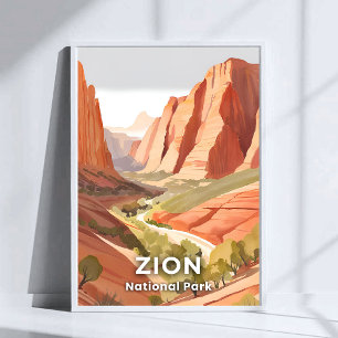 Zion National Park Travel Watercolor Valley Poster