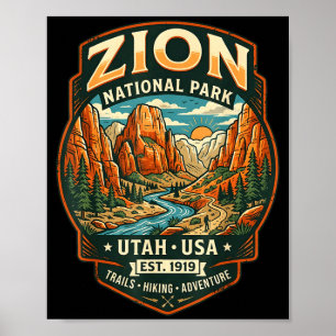 Zion national park utah retro canyon hiking poster