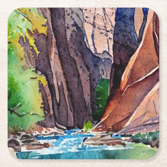 Zion National Park Utah The Narrows by water colou Square Paper Coaster (Front)