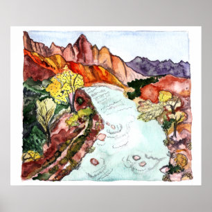 Zion National Park Virgin River Watercolor Art Poster