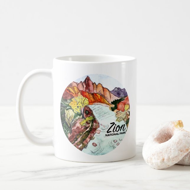 Zion National Park Watercolor Art Coffee Mug (With Donut)
